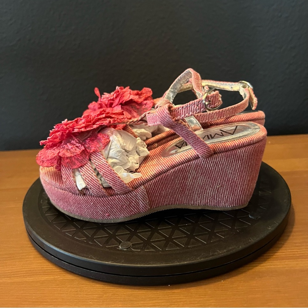 Amiana Girls Pink Gold Washed Denim Flower Wedge Open Toe Sandals Youth 13 M